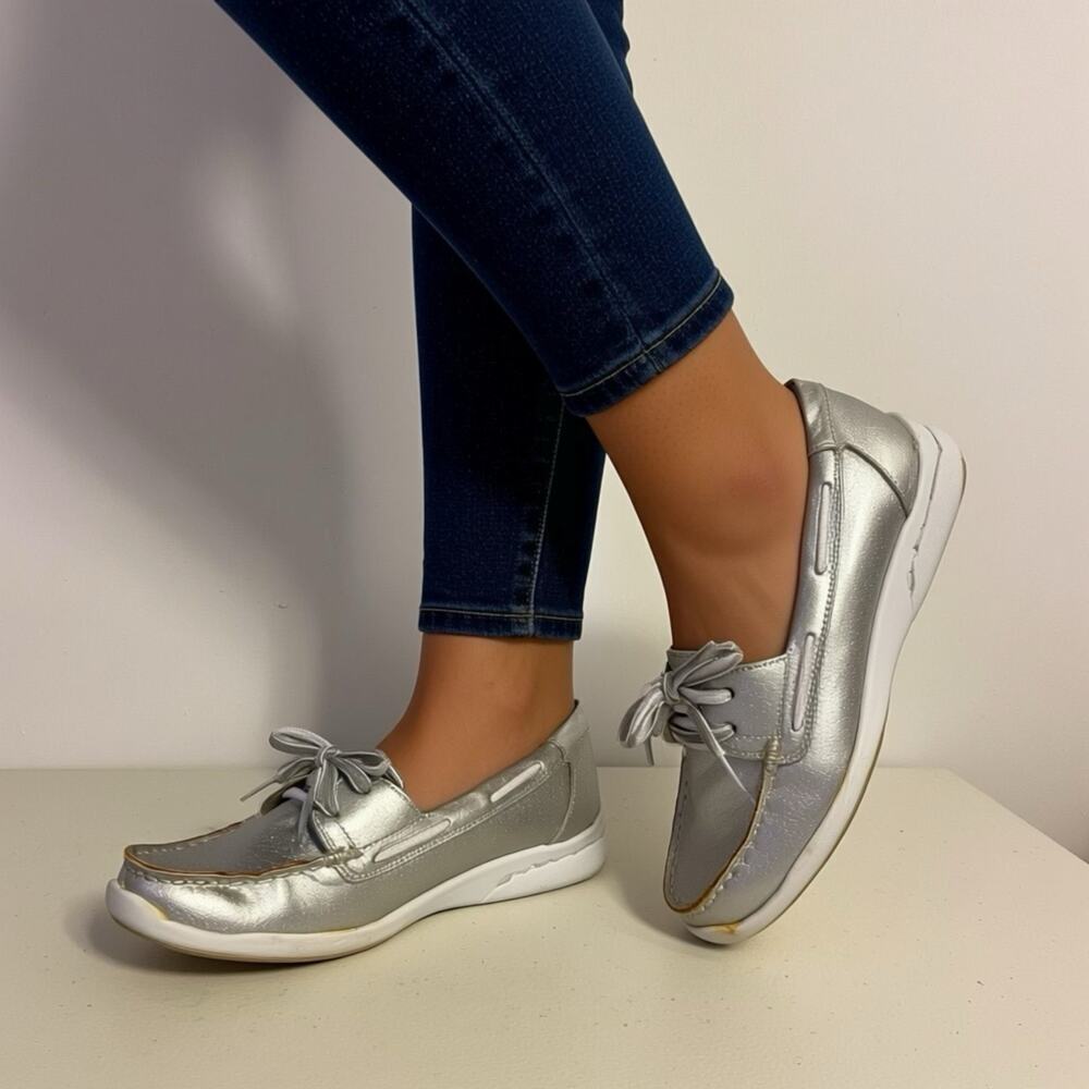 Croft & Barrow Shoes Women 6.5 M Boat Loafers SlipOn Silver Lightweight Comfort